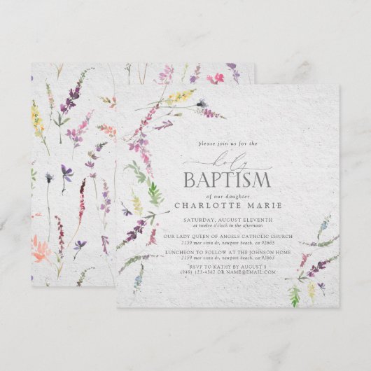 Invitation Élégant Pastel Fleur sauvage Aquarelle Baptême (Devant / Derrière)