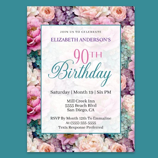 Invitation Elegant Pastel Floral Garden 90th Birthday