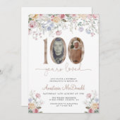 Invitation Elegant Pastel Floral Photo 100th Birthday (Devant / Derrière)