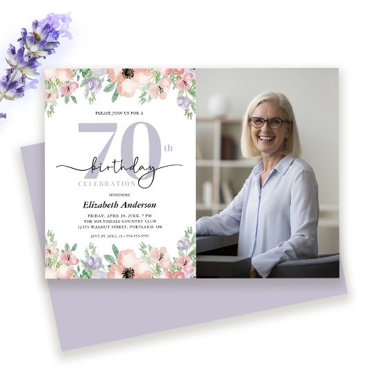 Invitation Elegant Pastel Floral Photo 70th Birthday Party