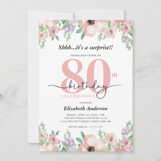 Invitation Elegant Pastel Floral Surprise 80th Birthday Party (Devant)