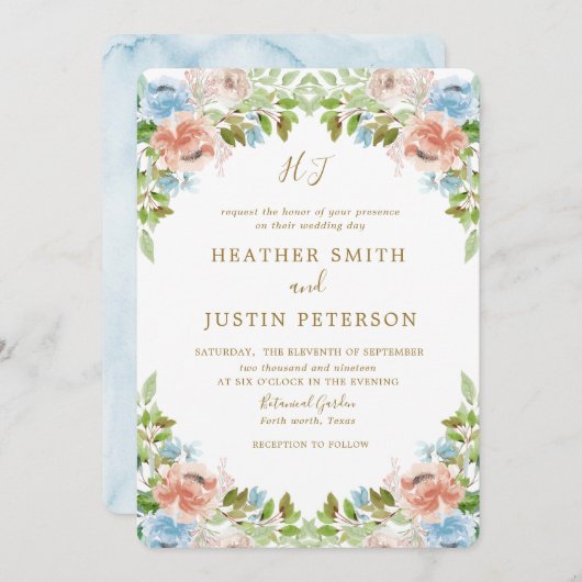 Invitation Elégant Pastel Garden Blue Watercolor Mariage (Devant / Derrière)