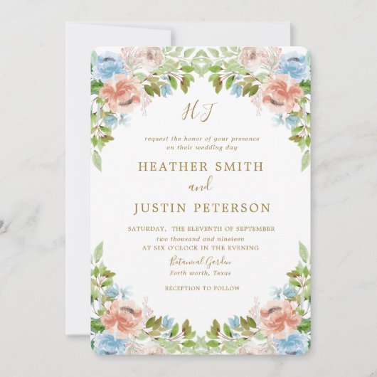 Invitation Elégant Pastel Garden Blue Watercolor Mariage (Devant)