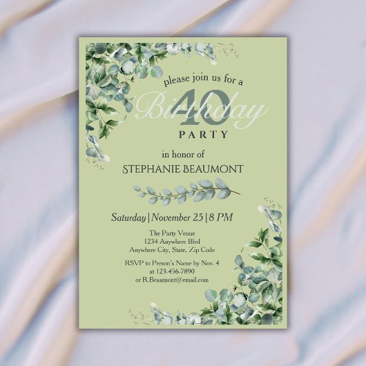 Invitation Elegant Pastel Green Flower Women's 40th Birthday 