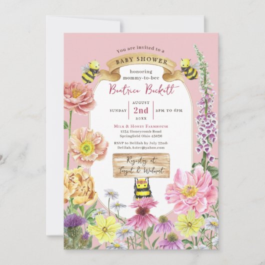 Invitation Elégant Pastel Pink Bee et Baby shower Fleur sauva (Devant)