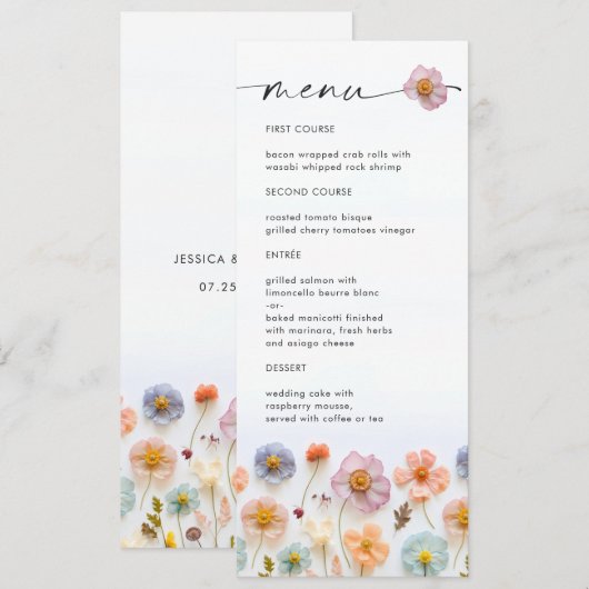 Invitation Elégant Pastel Pink Boho Fleur sauvage Menu Mariag (Devant / Derrière)