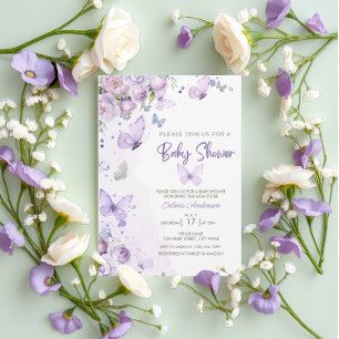 Invitation Élégant Pastel Purple Baby shower à papillon Flora