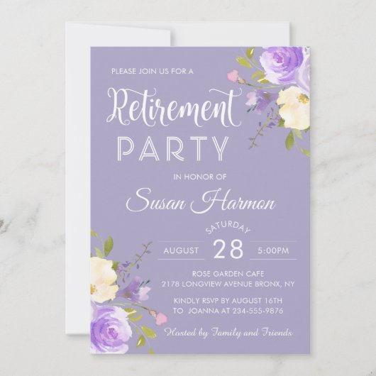 Invitation Élégant Pastel Purple Floral Retraite Party (Devant)