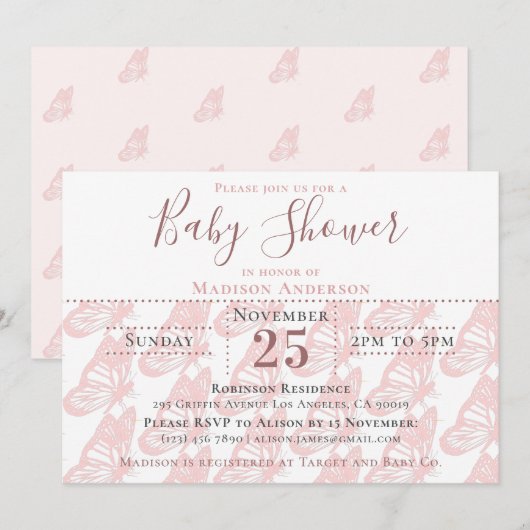 Invitation Elégant Pastel Rose Butterfly Baby shower fille (Devant / Derrière)