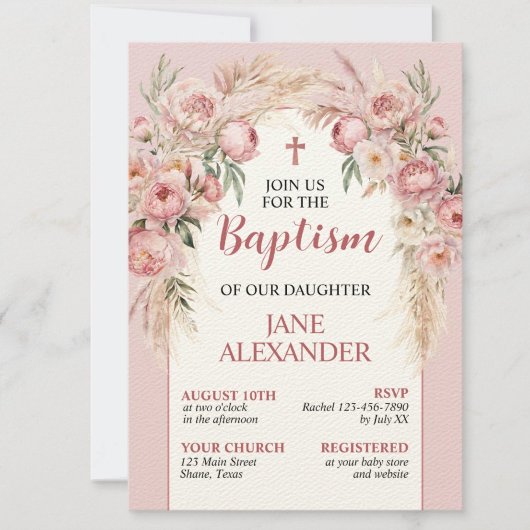 Invitation Élégant Pastel rose floral Baptême