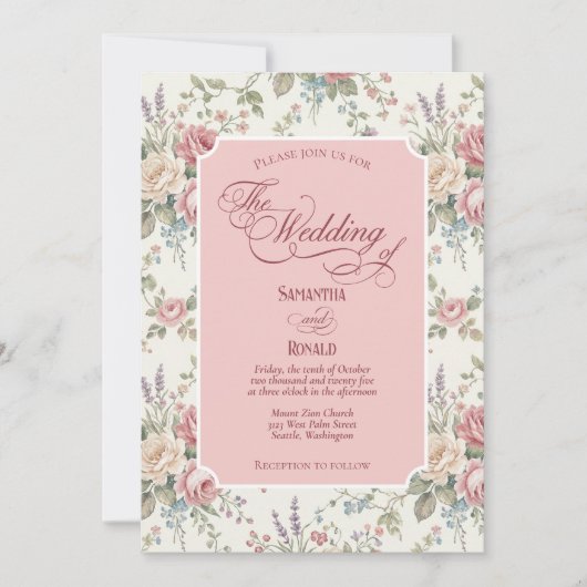 Invitation Elegant Pastel Roses Shabby Chic Wedding (Devant)