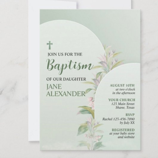 Invitation Élégant Pastel Vert Floral Baptême