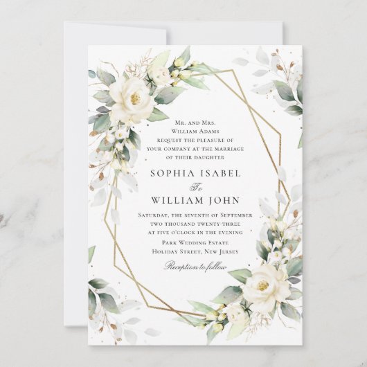 Invitation Elégant Pastel White Roses Eucalyptus Mariage (Devant)