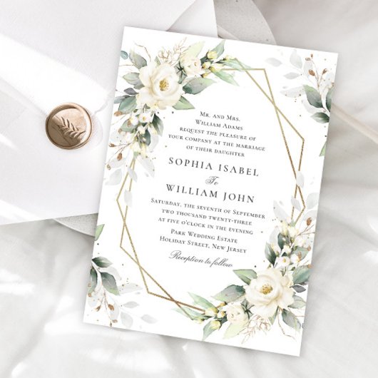 Invitation Elégant Pastel White Roses Eucalyptus Mariage