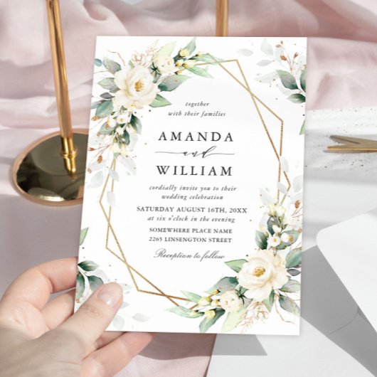 Invitation Elégant Pastel White Roses Eucalyptus Mariage