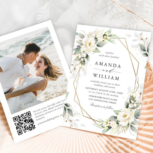 Invitation Elégant Pastel White Roses Eucalyptus Mariage