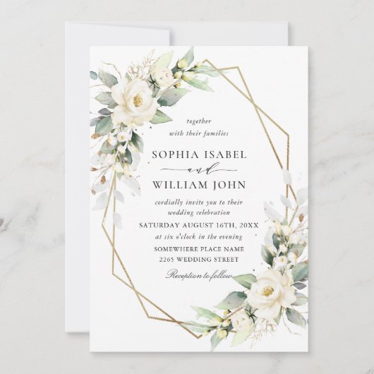 Invitation Elégant Pastel White Roses Eucalyptus Mariage (Devant)