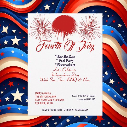 Invitation Élégant Patriotique 4 Juillet Firecrackers Parti B
