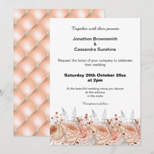 INVITATION ÉLÉGANT PEACH APRICOT MARIAGE DE DIAMANT FLORAL (Devant / Derrière)