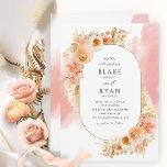 Invitation Elégant Peach Blush Cream et Mariage de corail<br><div class="desc">Dégustez vos invités avec cette élégante invitation de mariage avec d'exquis éléments de couleur aquarelle florale entourant vos détails mariages sur cadre ovale et délicate tache d'aquarelle corail douce en cascade derrière. Fleurs, feuillage et pelouse pampas dans un beau mélange de teintes pêche, orange, rose rousse, crème et champagne. Aptitude...</div>