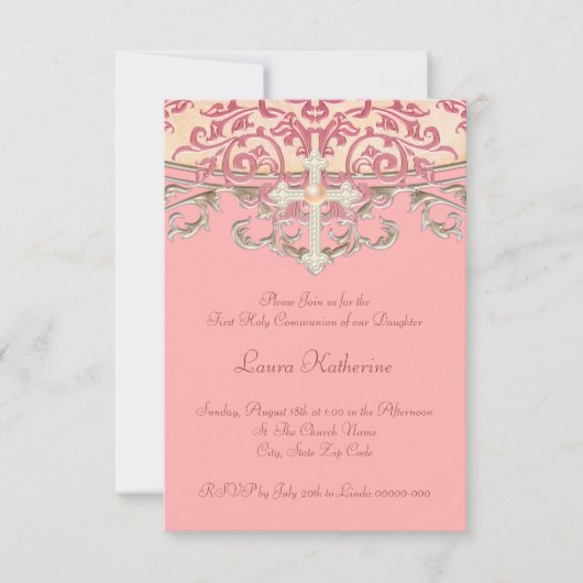 Invitation Elegant Peach Coral First Communion (Devant)
