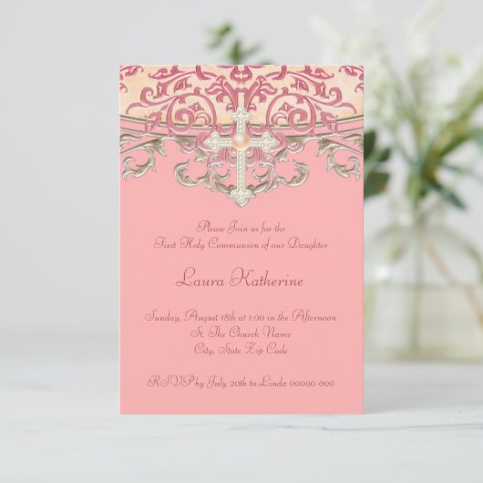 Invitation Elegant Peach Coral First Communion (Debout devant)