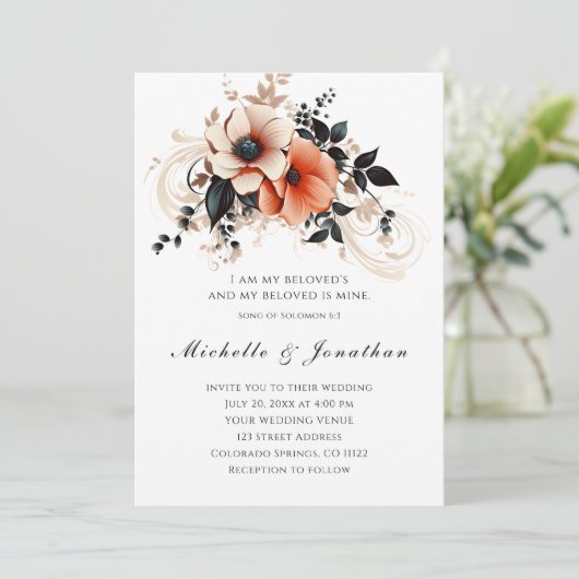 Invitation Élégant Peach Grey Floral Bible Mariage chrétien (Debout devant)