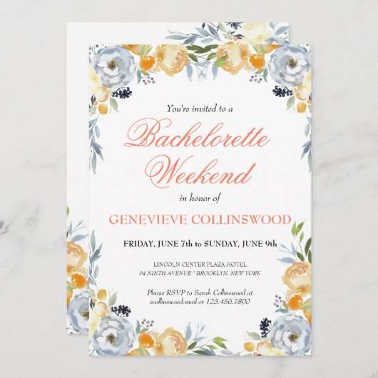 Invitation Élégant PeachFloral Bachelorette Week-end Itinérai (Devant / Derrière)