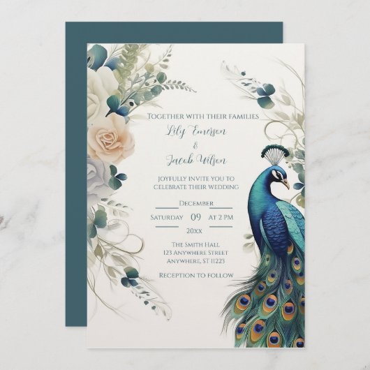 Invitation Elégant Peacock (Devant / Derrière)