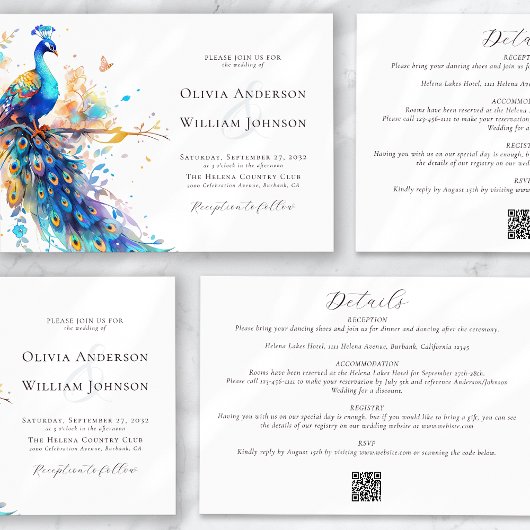 Invitation Elégant Peacock Aquarelle tout en un Mariage