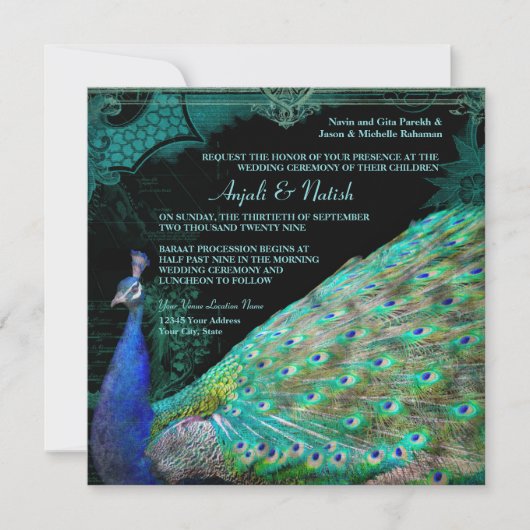 Invitation Elégant Peacock avec Vintage Scrolls Mariage indie (Devant)