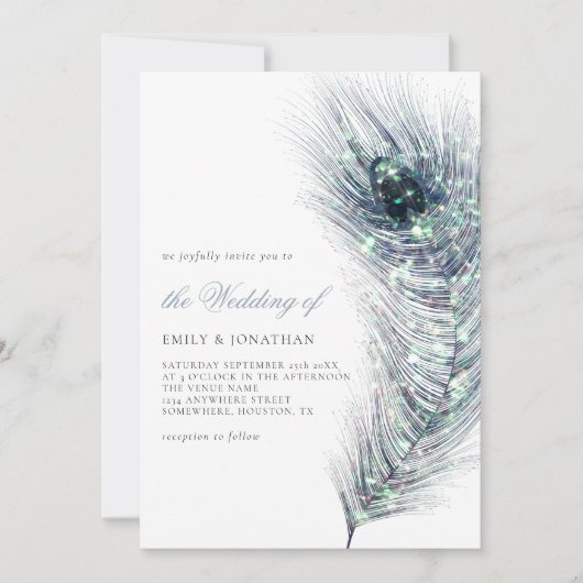 Invitation Elégant Peacock Feather Turquoise Blue Script Mari (Devant)