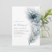 Invitation Elégant Peacock Feather Turquoise Blue Script Mari (Debout devant)