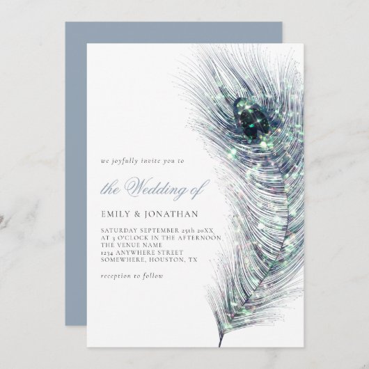 Invitation Elégant Peacock Feather Turquoise Blue Script Mari (Devant / Derrière)