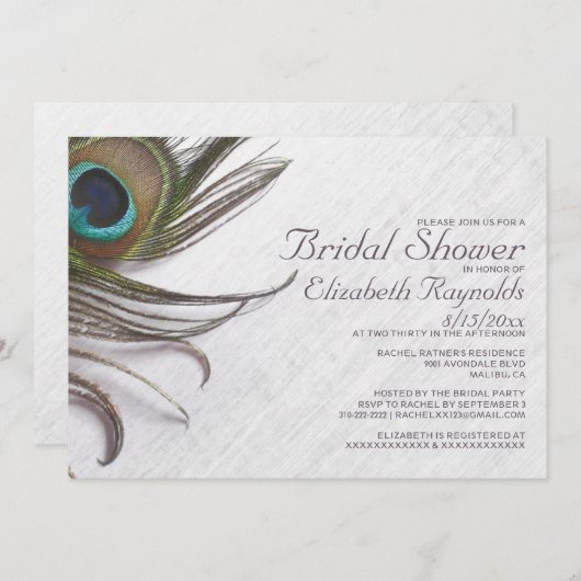 Invitation Elégant Peacock Feathers Enquêtes de douche nuptia (Devant / Derrière)