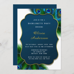 Invitation Elégant Peacock Feathers Gold Bachelorette Party