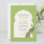 Invitation Élégant Peacock mariage indien Mint Green<br><div class="desc">Elégant paon aquarelle dans une arche dorée avec faire-part de mariage arrière - plan vert menthe et or paisley. Parfait pour les mariages indiens.</div>