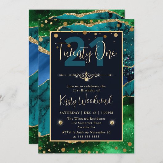 Invitation Elégant Peacock Parties scintillant Agate Annivers (Devant / Derrière)