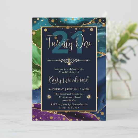 Invitation Elégant Peacock Parties scintillant Agate Annivers (Debout devant)