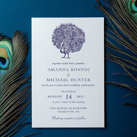 Invitation Élégant Peacock Vintage Midnight Blue Mariage