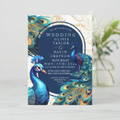 Invitation Elégant Peacocks Or Plumes Flora Mariage (Debout devant)