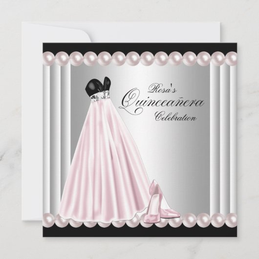 Invitation Elégant Pearl argent Quinceanera rose (Devant)