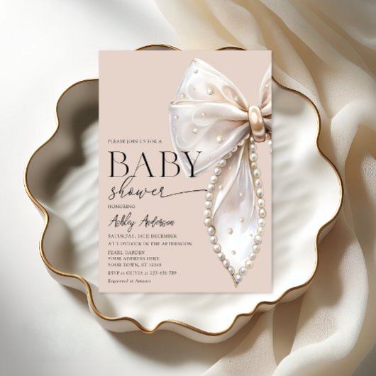 Invitation Elégant Pearl Bow Beige Baby shower neutre
