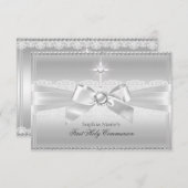 Invitation Elégant Pearl Bow & Cross First Holy Communion (Devant / Derrière)