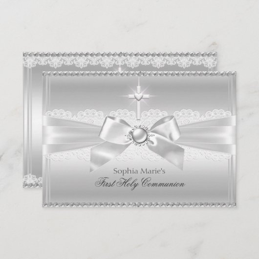Invitation Elégant Pearl Bow & Cross First Holy Communion (Devant / Derrière)