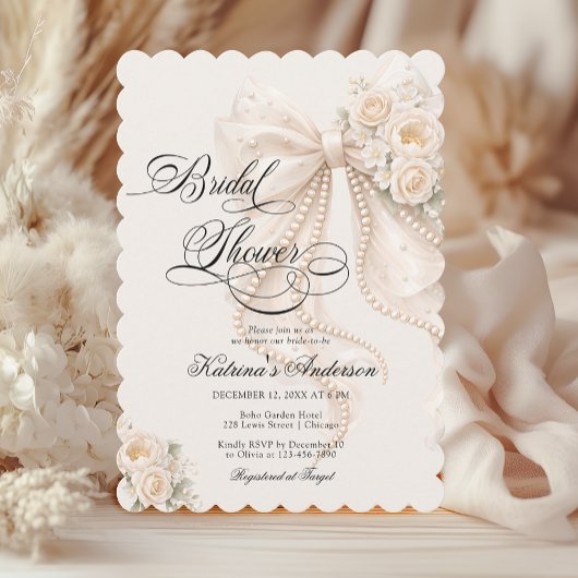 Invitation Elegant Pearl Bow Floral Bridal Shower
