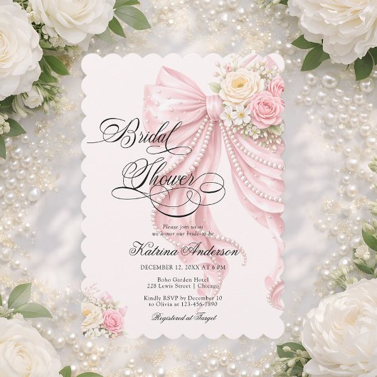 Invitation Elegant Pearl Bow Floral Pink Bridal Shower