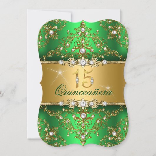 Invitation Elegant Pearl Damask Green Quinceanera (Devant)