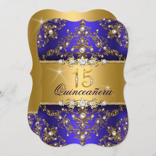 Invitation Elégant Pearl Damask Royal Blue Quinceanera (Devant / Derrière)
