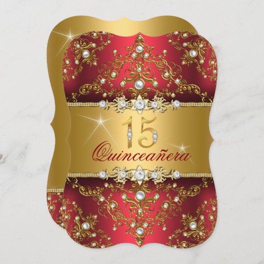Invitation Elégant Pearl Damask Ruby Red Quinceanera (Devant / Derrière)